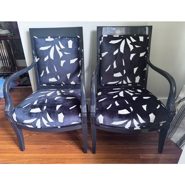 Dorothy Draper Pair of Mid 20th Century Lacquered Neoclassical Dolphin Armchairs ~ New Upholstery For Sale - Image 4 of 17