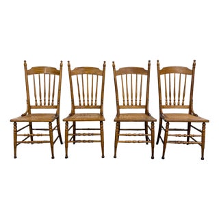 Vintage Spindle Back Caned Seat Solid Oak Dining Chairs For Sale