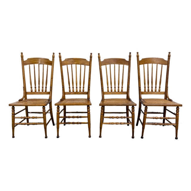 Vintage Spindle Back Caned Seat Solid Oak Dining Chairs For Sale