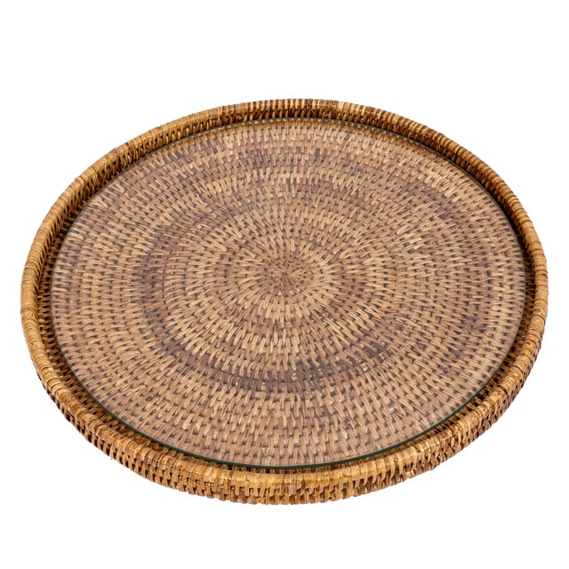 Farmhouse Artifacts Rattan 14" Round Serving Tray, Honey Brown with Glass Insert For Sale - Image 3 of 5