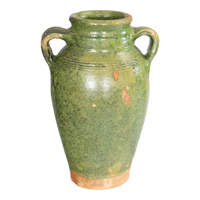 19th Century French Green Glazed Terracotta Olive Jar Urn Vase For Sale