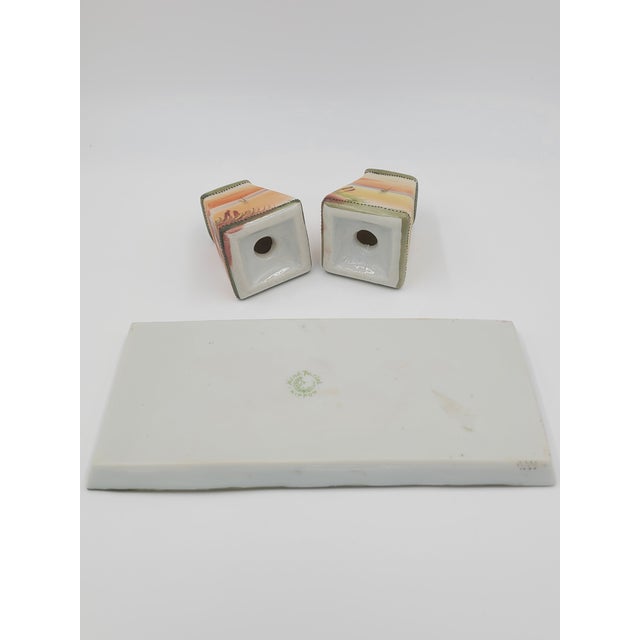 Apricot Antique Hand-Painted Nippon Porcelain Sailboat Scenic Salt & Pepper Set With Tray - 3 Pieces For Sale - Image 8 of 12