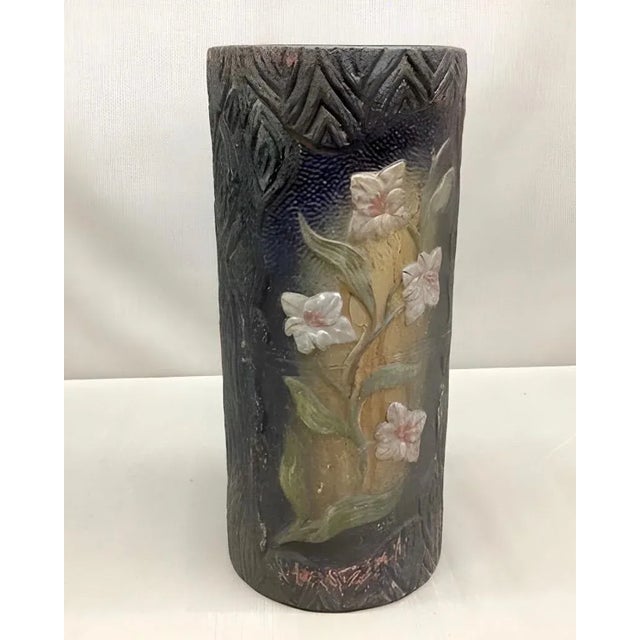 Antique Arts & Crafts 19 5/8” Raised Flower Pattern over a faux bois motif Terra Cotta Umbrella Stand. Hand painted. Early...