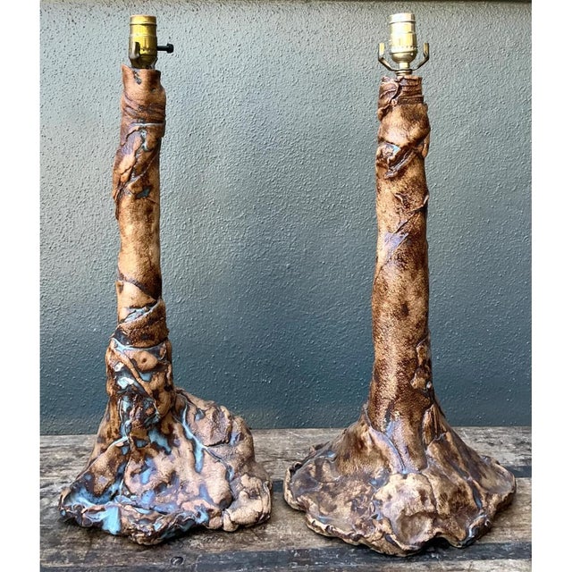 Vintage Hand Made Faux Bois Ceramic Lamps - A Pair For Sale - Image 10 of 12
