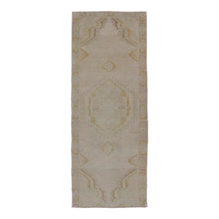 Light Colored Vintage Oushak Runner With Geometric Medallion in Taupe Color and Golden Color For Sale