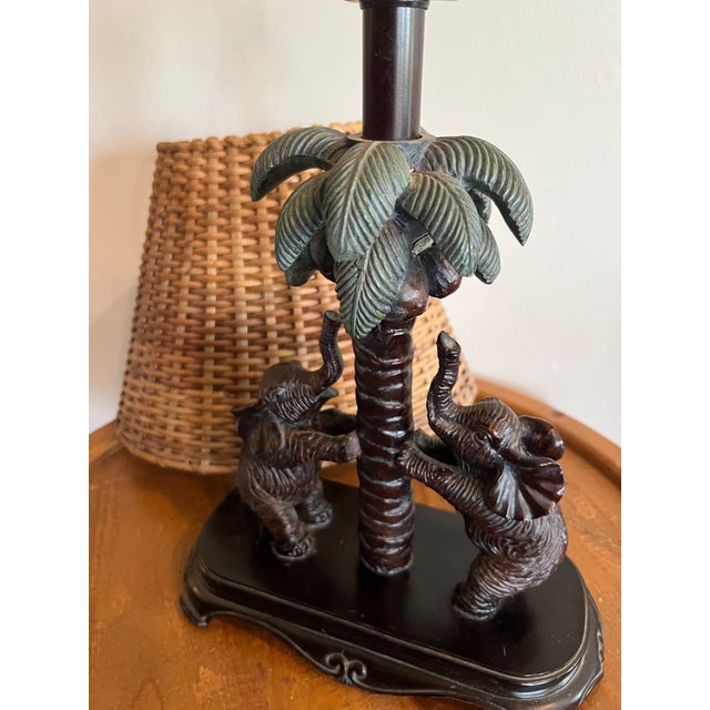 Wood Vintage Tropical Elephant Palm Tree Table Lamp With Woven Rattan Shade For Sale - Image 7 of 9