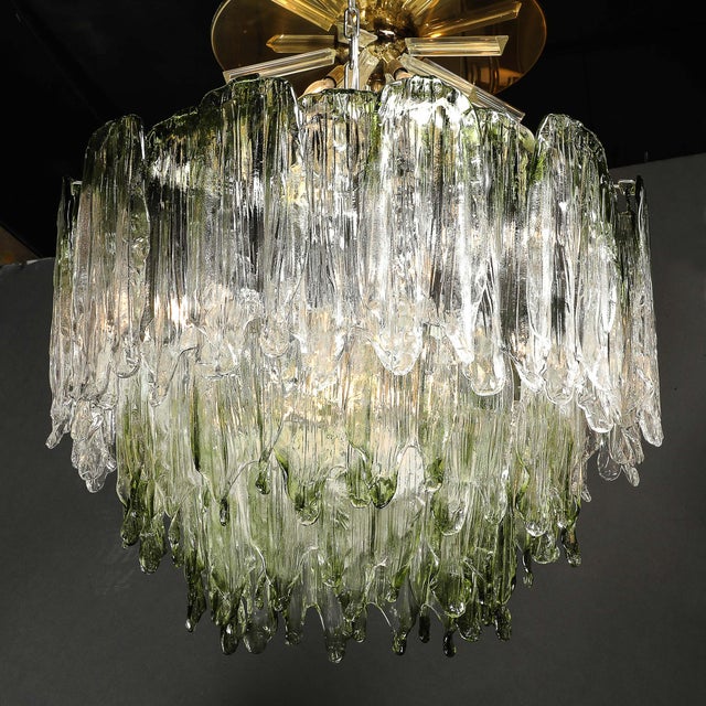 Mid-Century 3-Tier Hand-Blown Murano Green Glass Fiamme Chandelier by Mazzega For Sale - Image 15 of 18