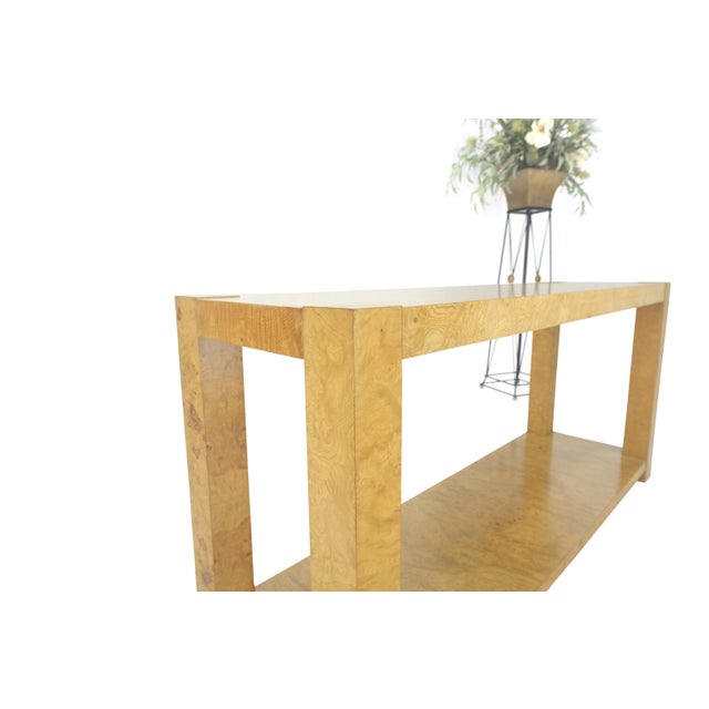 Milo Baughman Mid Century Burl Wood Two Tier long Rectangle Console Sofa Hall Table For Sale - Image 4 of 12