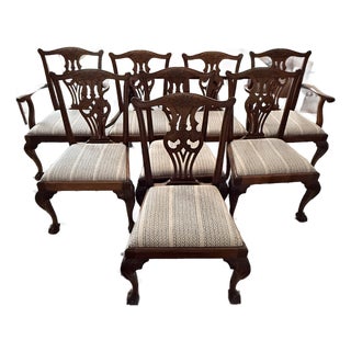 Set of 8 Antique Chippendale Chairs With Fortuny Upholstery For Sale