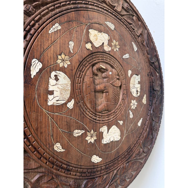 Vintage Anglo Indian Hand-Carved Elephant Side Table With Bone Inlay Animal Motif For Sale - Image 12 of 15