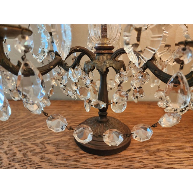 Exquisite Pair of Vintage Crystal Girandole Candelabra 5 Light Mantel Garnitures For Sale - Image 16 of 18