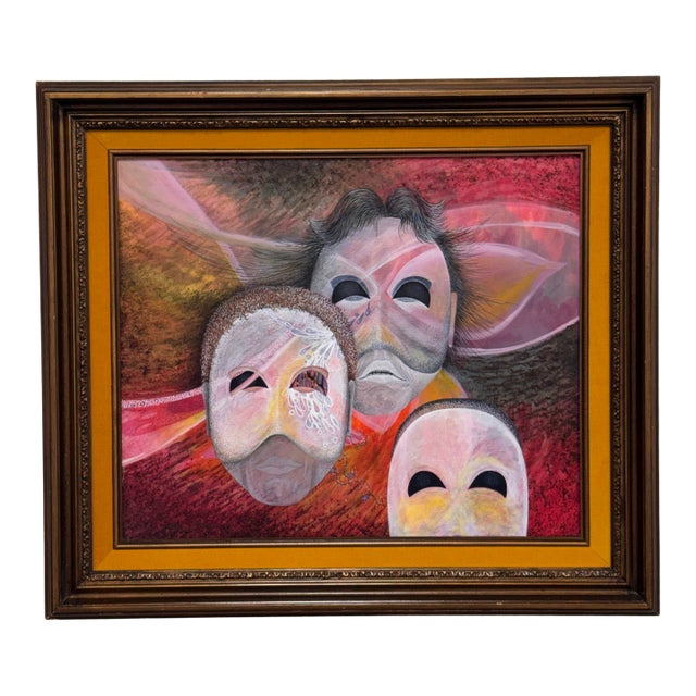 Figurative Masks Acrylic Painting, Framed. For Sale