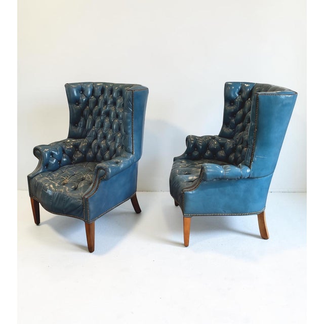 Mid-Century Modern Mid Century Tufted Leather Wingback Chairs, Pair For Sale - Image 3 of 8