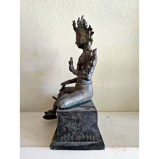 19th Century Nepalese Bronze Green Tara Seated Bodhisattva, 13.25” Pedestal Base For Sale - Image 9 of 12