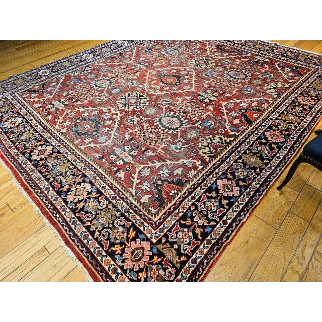Antique Persian Mahal Sultanabad Rug, Hand-Knotted Wool, Geometric Pattern, 11x13, Red & Navy For Sale In Chicago - Image 6 of 10