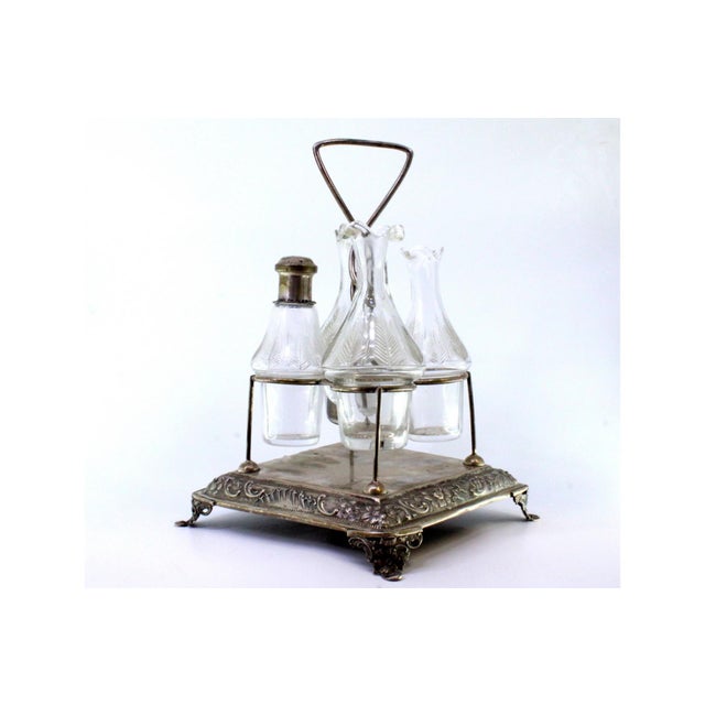 Cruet Set with Silver Structure and Acid-Etched Glass Cruets and Salt Shaker, Set of 5 For Sale - Image 4 of 7