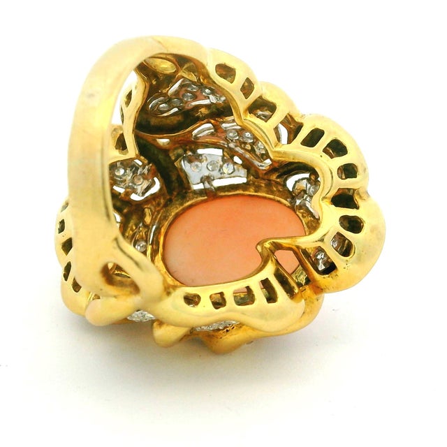 Vintage Italian Angel Skin Coral and Diamond Cocktail Ring in 18k Yellow Gold, Size 9 For Sale - Image 15 of 15