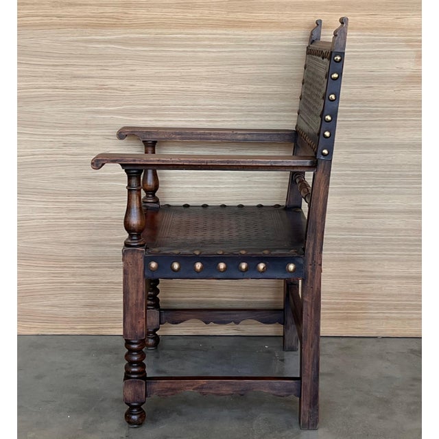 Spanish 19th Century Spanish Colonial Altar Carved Armchair with Leather Seat and Back For Sale - Image 3 of 18