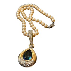 Vintage Swarovski Faux Pearl Necklace With Blue Crystal Enhancer Pendant – Blue Teardrop Crystal and Crystal Rhinestone Accents