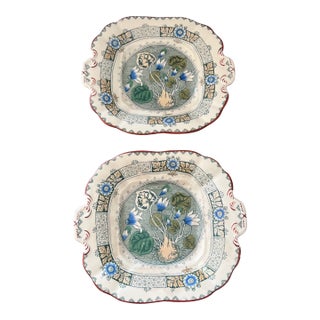 Antique 1800s English Wedgwood Cyclamen Square Serving Plates - Set of 2 For Sale