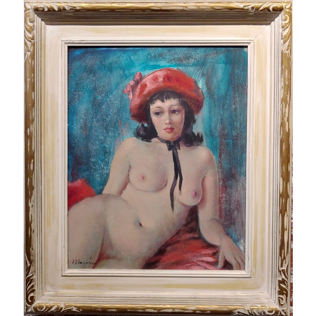 Mancini 1960s Beautiful Nude Brunette wearing a Red Hat -Oil painting oil painting on board -Signed Masonite size 20 x 16”...