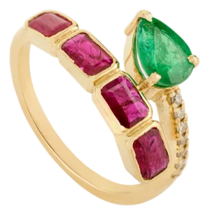 14k Gold Natural 1.59 Ct Ruby Emerald Birthstone Duet Modern Bypass Ring Size 7