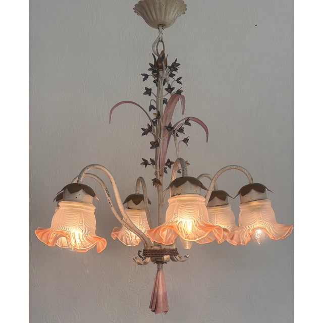 Vintage Italian White and Gold Patinated Metal and Glass Chandelier, 1970s For Sale - Image 10 of 15