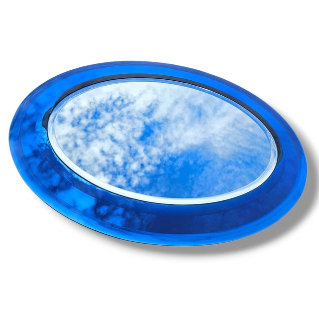 Extremely Rare Cristal Arte Italian Dual-Tone Mirror – Clear Beveled Oval With Blue Mirrored Border For Sale - Image 10 of 14