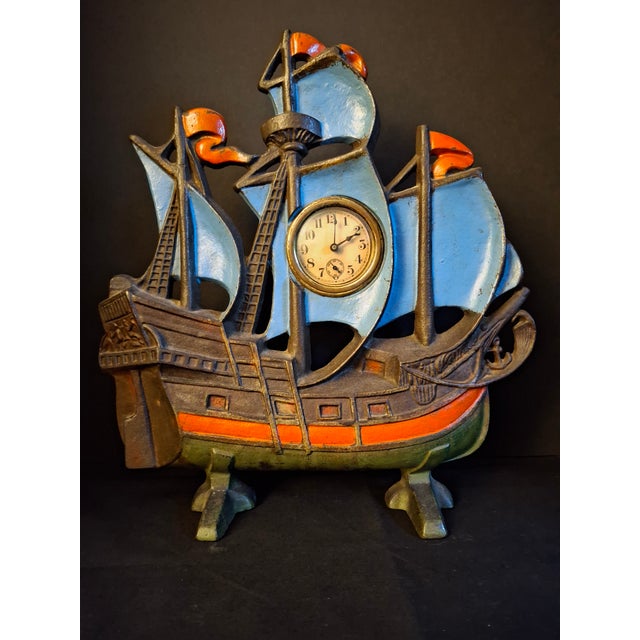 Antique Cast Iron Ship Mantel Clock Connecticut Foundry Waterbury Movement 1920s For Sale - Image 15 of 18