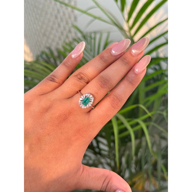 Early 21st Century Natural Emerald Pear Diamond Halo Art Deco Ring Size 5.5 in 14k White Gold For Sale - Image 5 of 16