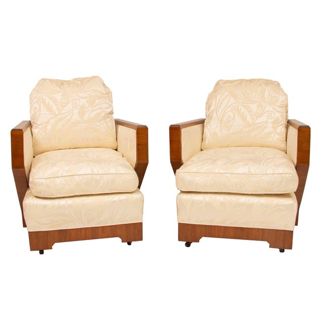 Art Deco Lounge Chairs in Eggshell Damask Upholstery, 1930s, Set of 2 For Sale - Image 6 of 6