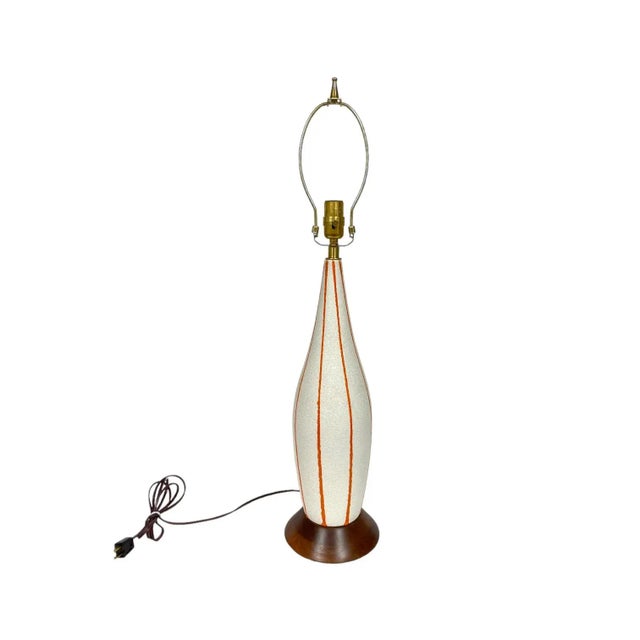 Mid Century Orange Striped Ceramic Lamp With Walnut Base, Restored Vintage For Sale - Image 4 of 10
