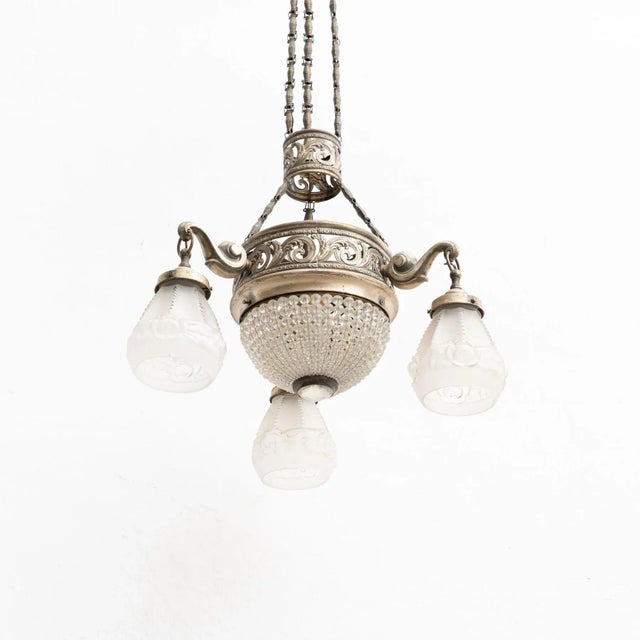 Vintage French Art Deco Metal & Glass Ceiling Lamp, 1930s For Sale - Image 10 of 18