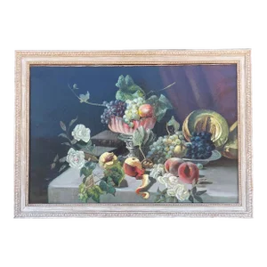19th-C, Still Life Oil on Canvas Painting Depicting Fruit and Books, Unsigned