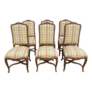 Vintage French Style Wood and Plaid Upholstered Dining Chairs- A Set of 6 For Sale