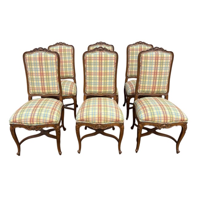 Vintage French Style Wood and Plaid Upholstered Dining Chairs- A Set of 6 For Sale
