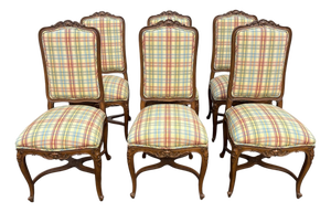 Vintage French Style Wood and Plaid Upholstered Dining Chairs- A Set of 6