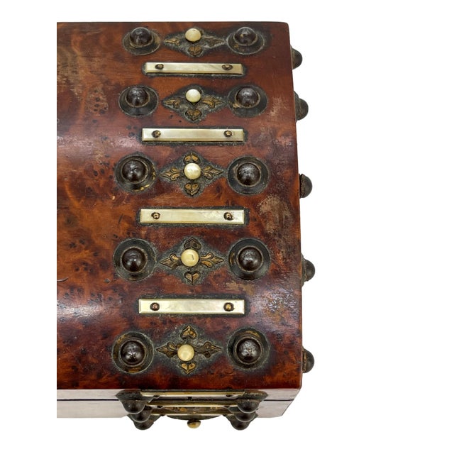 Brown Burl Walnut and Brass Dome-Top Box With Mother-Of-Pearl, English, Ca. 1860 For Sale - Image 8 of 9