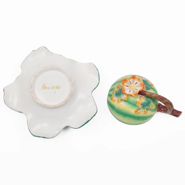 Antique 19th century English melon form porcelain inkwell. The melon hand painted in shades of green and yellow with a...