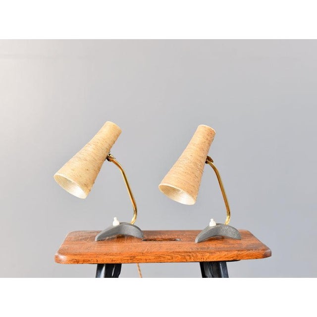 Mid Century Table Lamps By Cosack Circa 1950s - Fiberglass shades - Brass arms - Cast iron bases with original grey paint...