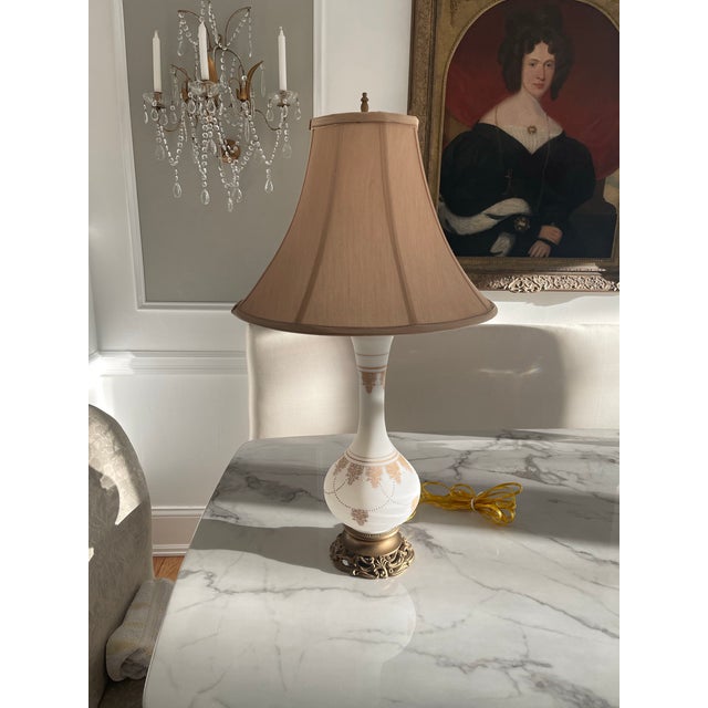 French Vintage French Milk Glass Lamp With Petite French Detailing Completely Restored For Sale - Image 3 of 7