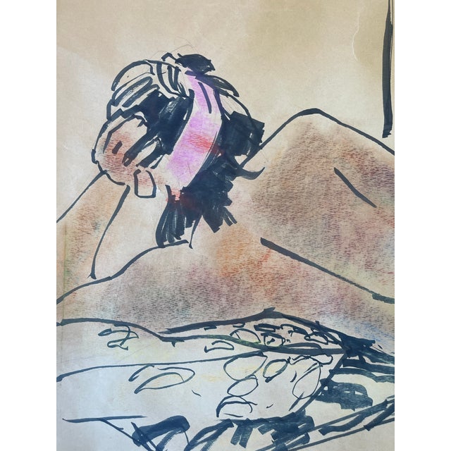 Paper Vintage Mid-20th Century Life Drawing of Reclining Nude Woman and Artist in Studio, Mixed Media on Paper. For Sale - Image 7 of 11