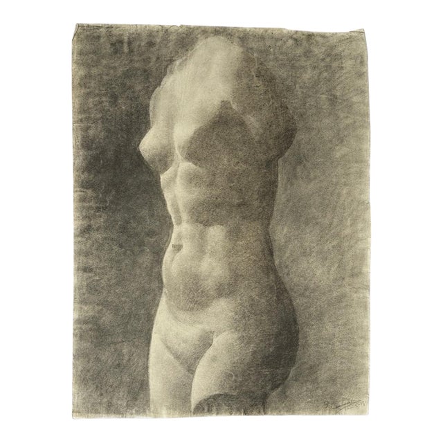 Antique French Neoclassical Study of a Greek Female Torso, Signed and Dated 1918 (Charcoal on Wove Paper) For Sale