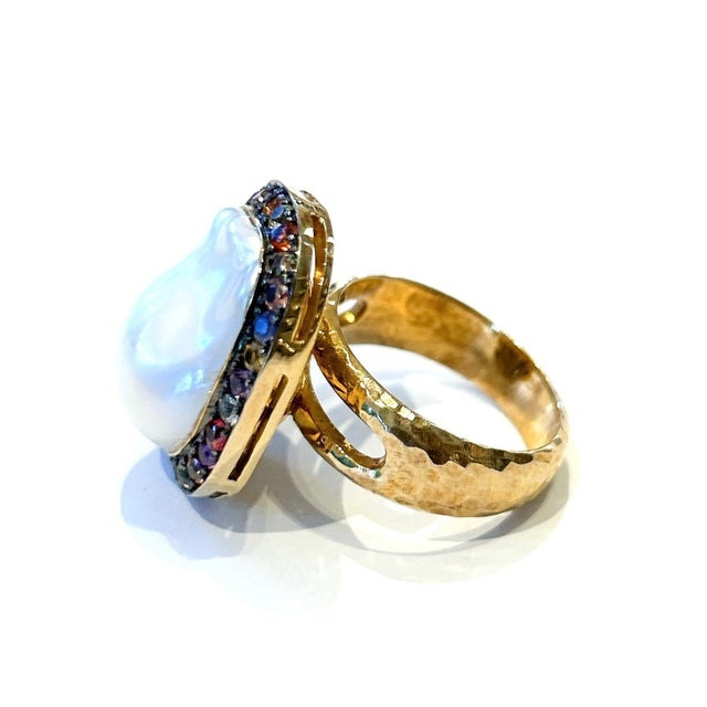 Yellow Bochic “Orient” Vintage Multi Sapphire & White Pearl Ring Set 18K Gold & Silver For Sale - Image 8 of 11
