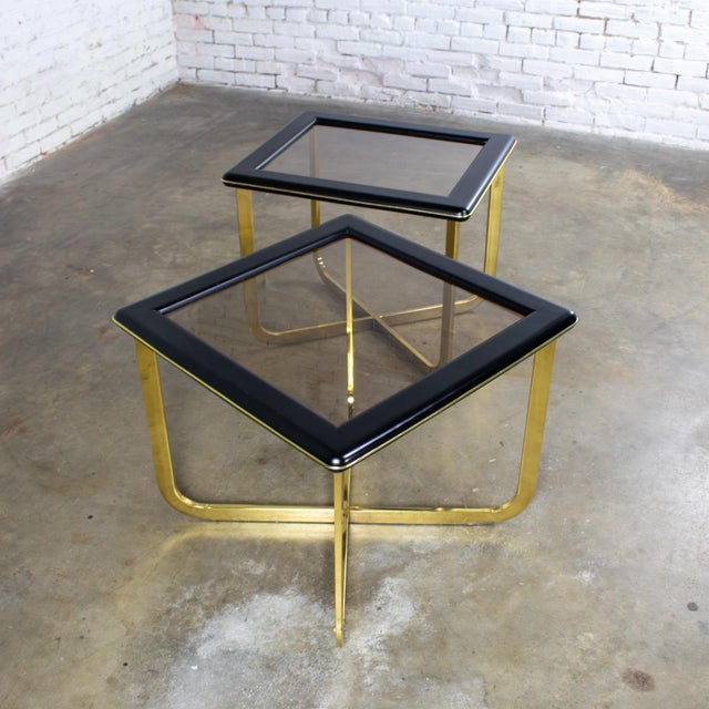 Late 20th Century Modern End or Side Tables 1 Rectangle & 1 Square W/Glass Inset Tops & Brass Plate Bases For Sale - Image 10 of 18