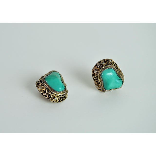Boho Chic Turquoise and Sterling Silver Ear Clips by Erik Poul Fenster, Denmark, 1960s, Set of 2 For Sale - Image 3 of 9