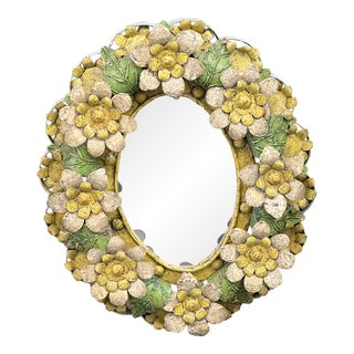 1970's Vintage Vibrant Colorful Floral Round Mirror For Sale