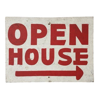 Vintage Red and White Wood Open House Sign For Sale