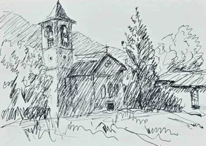 Robert Fontene, The Church, Original Pen Drawing, Mid-20th Century