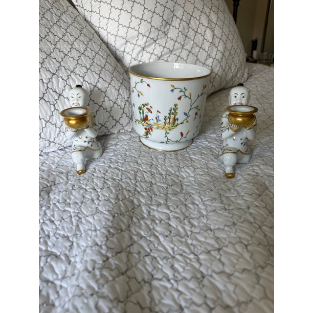 Rare Bergdorf Goodman Exclusive French Porcelain Figural Cachepot, Hand Painted 3-Piece Centerpiece, Circa 1960 An...